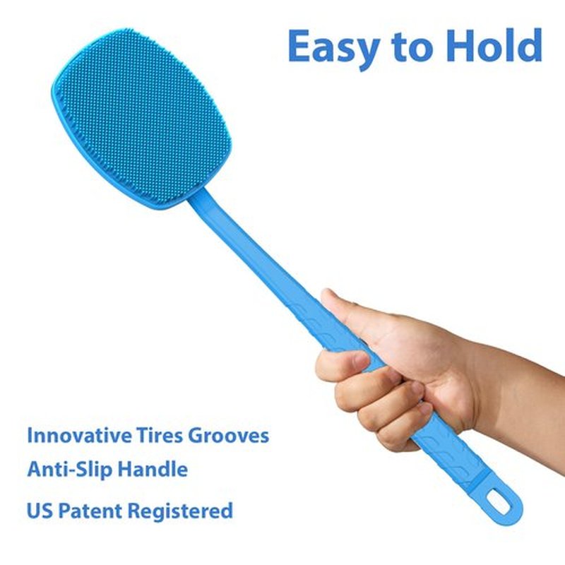 iTokGoK® All New Premium Silicone Back Scrubber with Tire Anti-Slip Long Handle for Shower, Gentle Exfoliating and Massage Brush Scrubber for Sensitive Skin for Men and Women (Sky Blue)