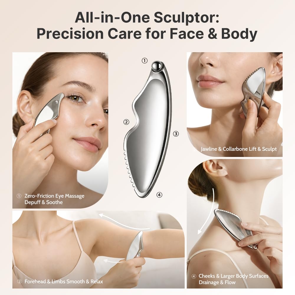 BEOVEA Gua Sha Facial Tools - Guasha Tool for Face and Body, Premium Metal Scraping Massage Tool for Lymphatic Drainage, Skin Rejuvenation, and Relaxation