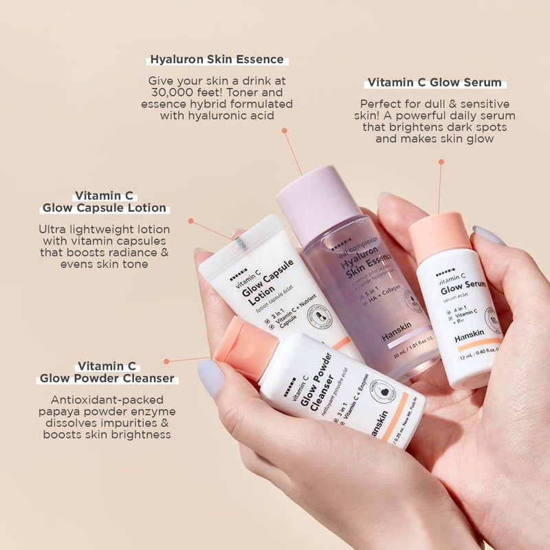 Glow Skin On The Go Kit - Travel Skincare Set for Glowing Skin | Includes Powder Cleanser, Essence & Serum