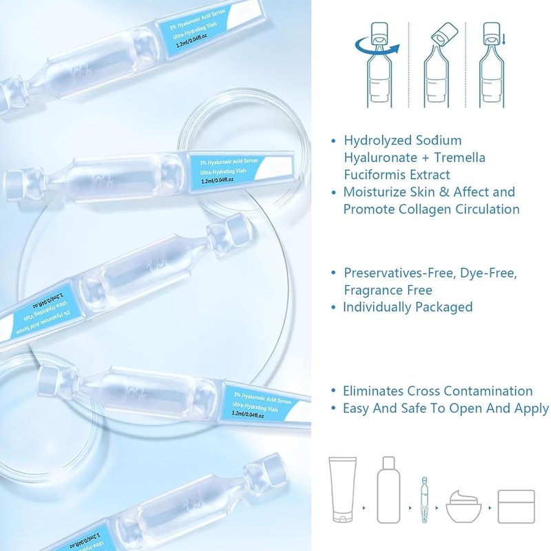 3% Hyaluronic Acid Serum Vials – Ultra Hydrating Face Serum with Hyaluronic Acid, Single-Use Moisturizing Tubes for Dry & Dehydrated Skin (30 PCS)