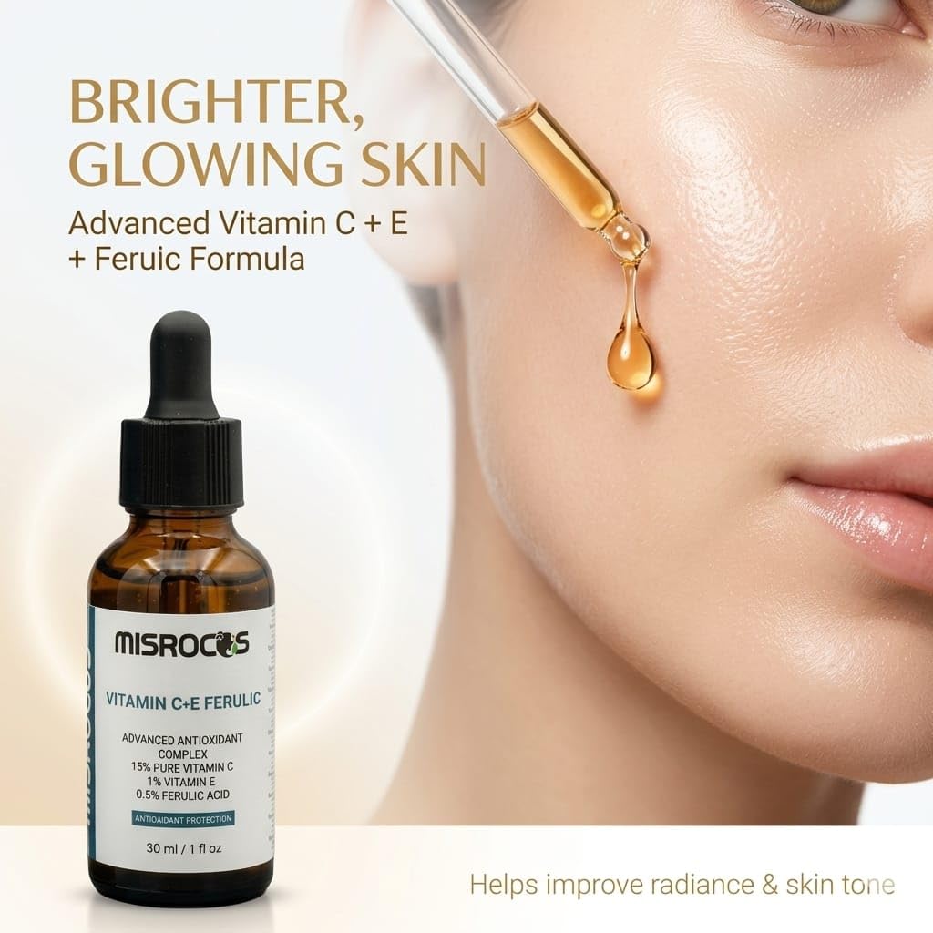 MISROCOS Vitamin C + E Ferulic Acid Serum - 30ml (1 fl oz) | Advanced Antioxidant Complex with 15% Pure Vitamin C | Brightening Face Serum for Fine Lines & Sun Damage (Pack of 1)