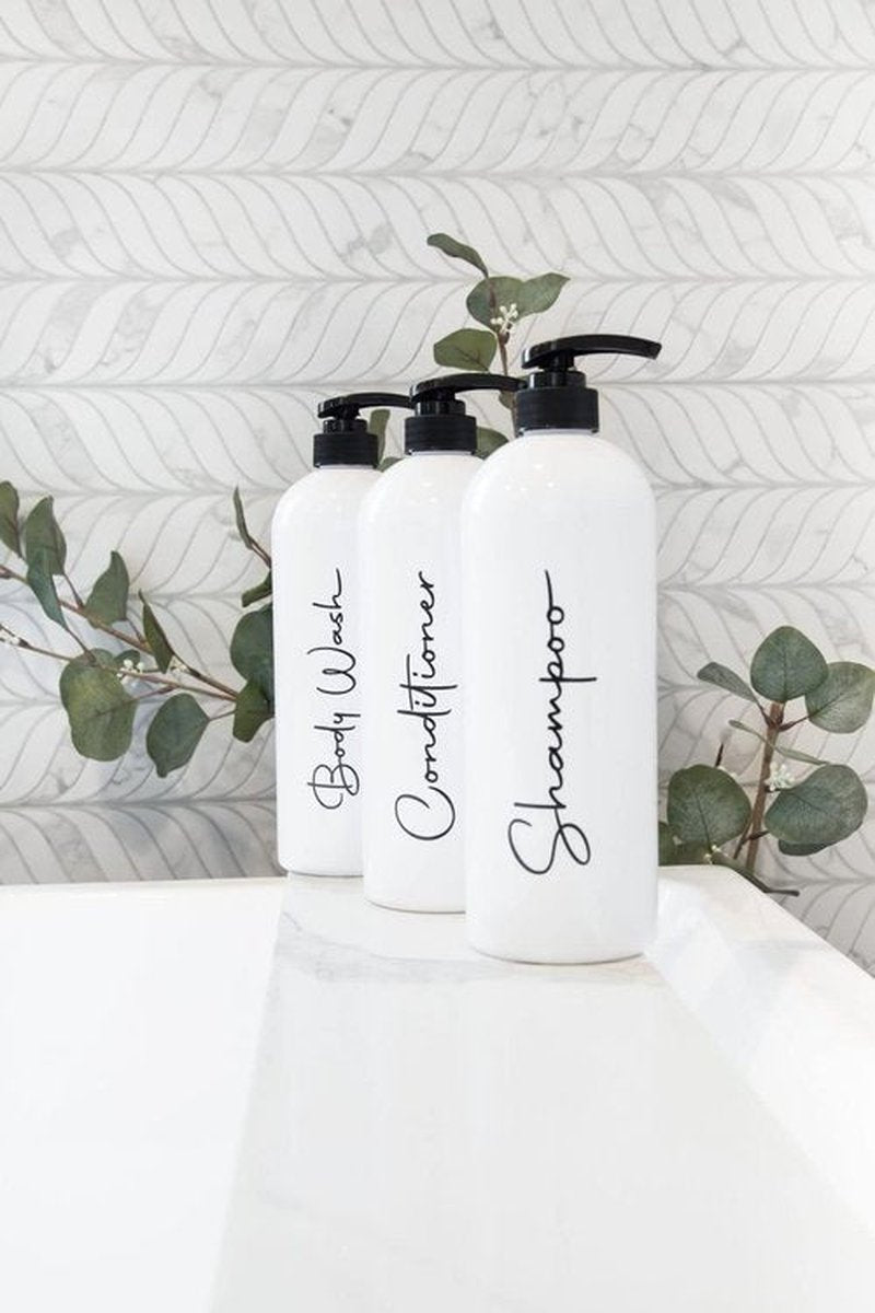 Alora 32oz Reusable Shampoo and Conditioner Bottles - Set of 3 - Easy to Read Labels - Pump Bottle Dispenser for Shampoo, Conditioner, Body Wash - Empty Plastic Refillable Containers for Shower
