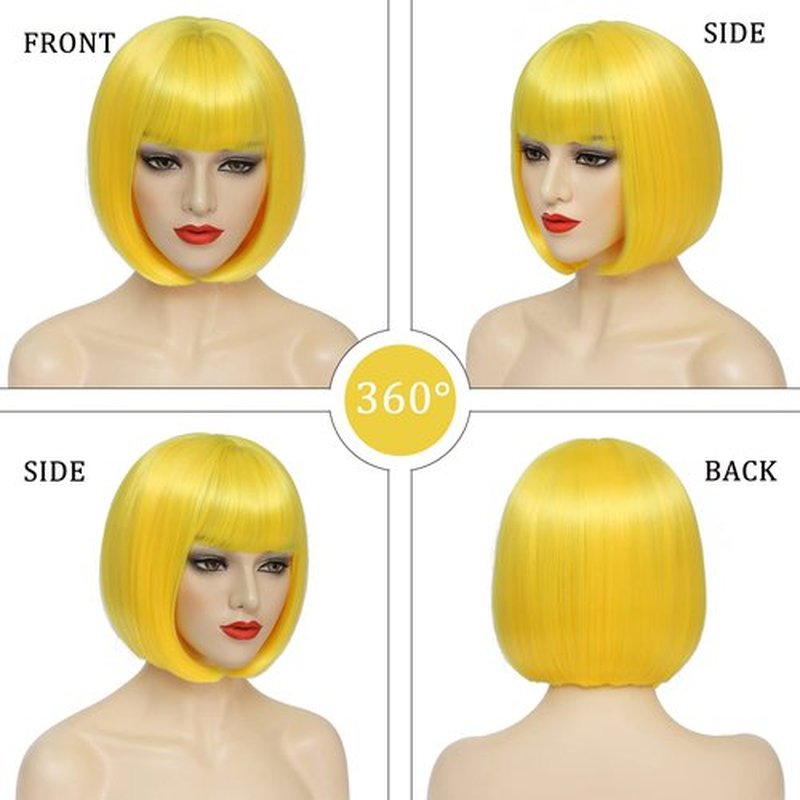 YBYMCAI Yellow Bob Wig With Bangs Short Yellow Bob Wigs For Women Straight Bob Bangs Wig 10 Inch Natural Looking For Daily Party Use