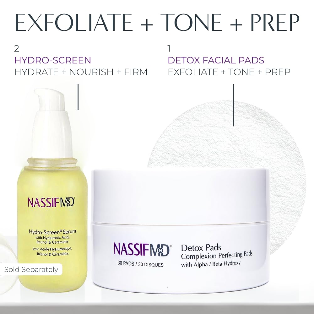 NassifMD Exfoliating Detox Pads | Surgeon-Created AHA/BHA Facial Pads for Deep Cleansing, Smoother Texture & Glowing Skin | Reduces Pores, Firms, Brightens
