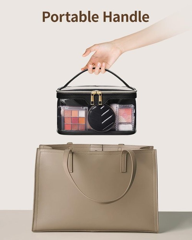 Wandering Nature Clear Makeup Bag,Transparent Makeup Case,Wide Opening Make up Bag, Travel Make Up Organizer Cosmetic Brush Bags for Women with Divider and Brush Compartment, Black(Patent Pending)