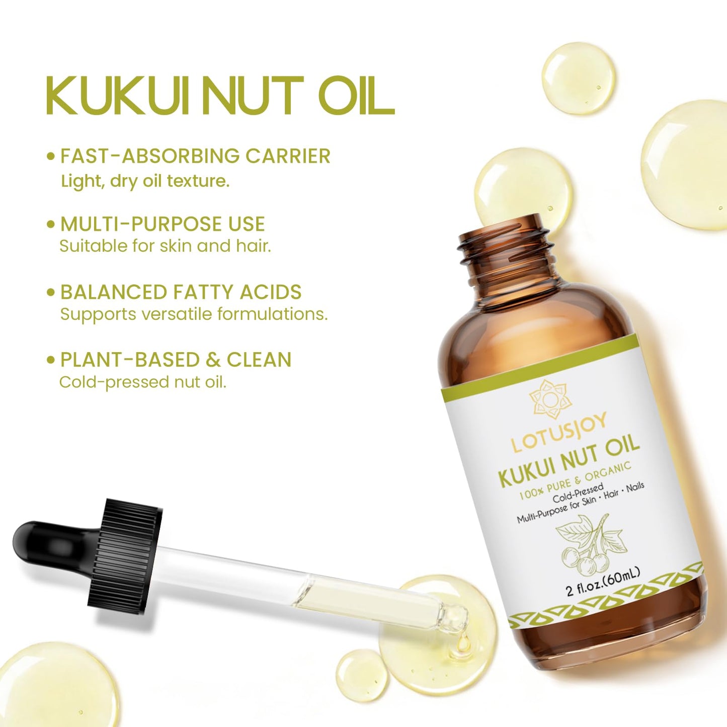 LOTUSJOY Kukui Nut Oil, 100% Pure, For Skin, Hair, Nails, 2 Oz
