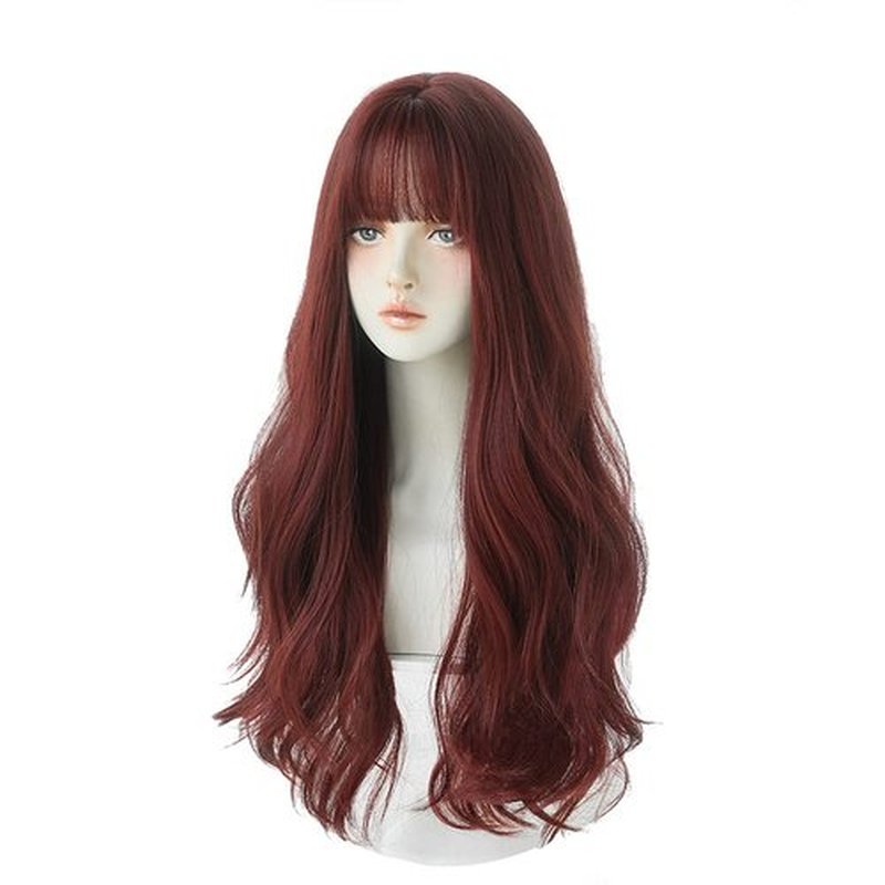 URCGTSA 26 Inches Long Wavy Hair Wig for Women Natural Curly Burgundy Wig With Bangs Synthetic Heat Resistant Wigs for Daily Party Use(Wine Red)