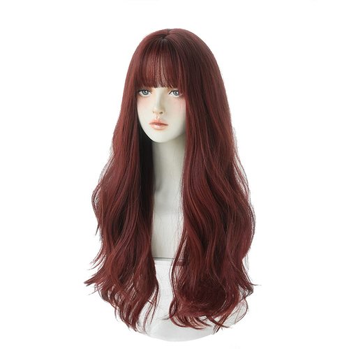URCGTSA 26 Inches Long Wavy Hair Wig for Women Natural Curly Burgundy Wig With Bangs Synthetic Heat Resistant Wigs for Daily Party Use(Wine Red)