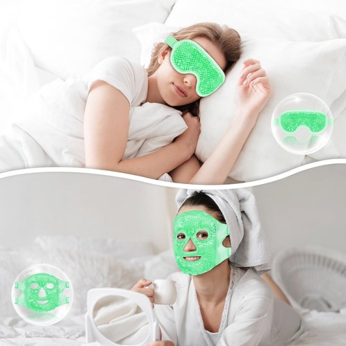 Cooling Eye Mask and Ice Face Mask Set for Reducing Puffiness, Bags Under the Eyes, Sinus, Redness, Pain Relief, Dark Circles, Migraine, and Hot Cold Use Reusable with Super Soft Lining (Green Set)