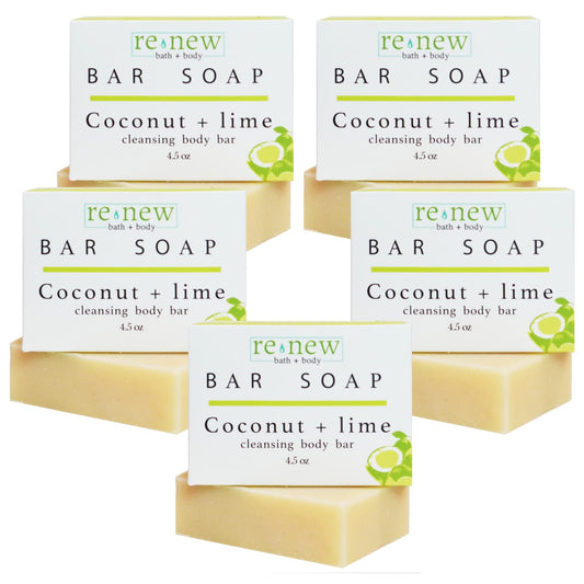 renew bath + body Natural Bar Soap, Coconut & Lime, Handmade in the USA by Cold Process with a Moisturizing Oil Blend Infused with Shea Butter - 5 Pack, 4.5 ounce bars