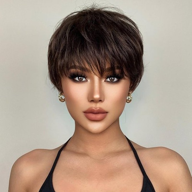BERON Black Pixie Cut Wig for Women Black Pixie Cut Bob Wig Short Straight Pixie Cut Wig with Bangs Synthetic Heat Resistnat Halloween Cosplay Daily Use
