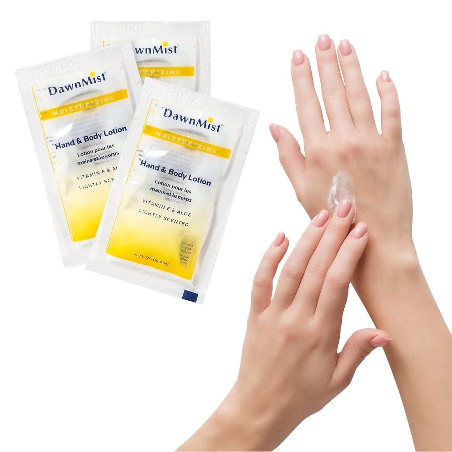 DawnMist Dukal Moisturizing Lotion - 20 Pack, Hand & Body, Aloe & Vitamin E, Coconut Fragrance, 0.35 oz Single-Use, Alcohol-Free