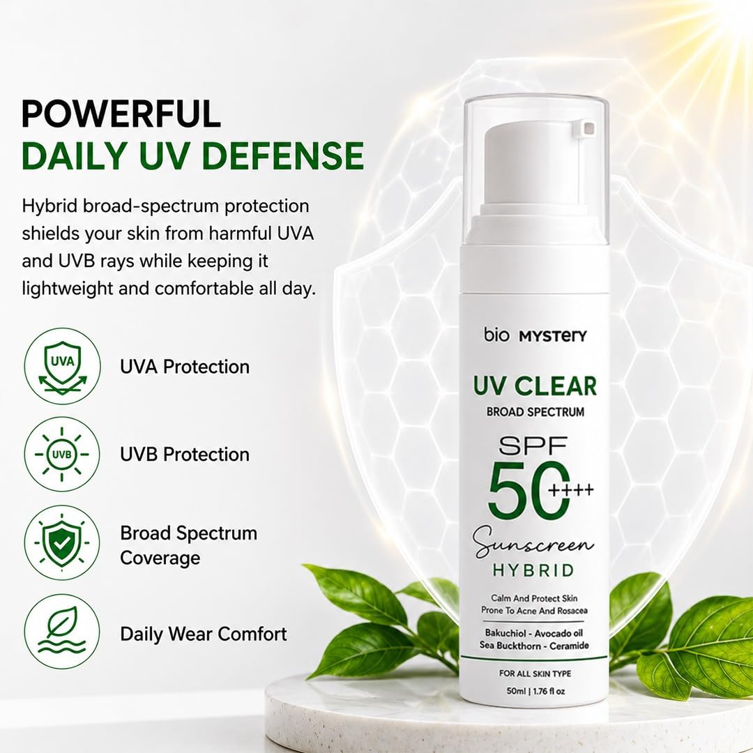 Bio Mystery Clear Face Sunscreen Lotion for Acne-Prone Skin | Hybrid Broad Spectrum SPF 50+++ | Lightweight, Non-Greasy & Matte Finish | Daily Facial Sunscreen Oily & Sensitive Skin | 50ml / 1.76 floz