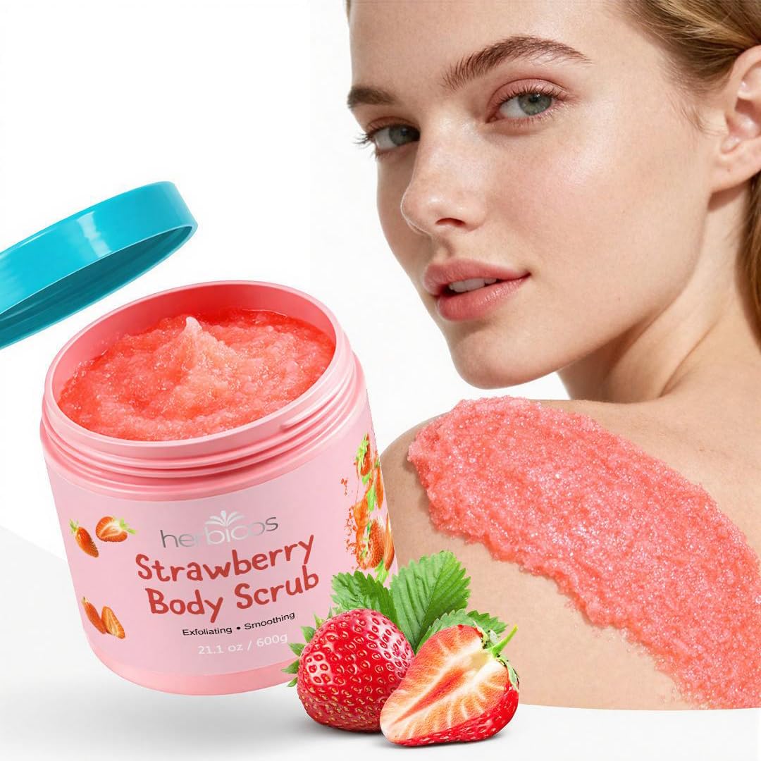 HERBICOS Strawberry Body Scrub - Exfoliating Sugar & Sea Salt Scrub with Retinol & Vitamin C for Smooth Glowing Skin - Moisturizing Body Exfoliator for Dry Skin - 21.1 oz