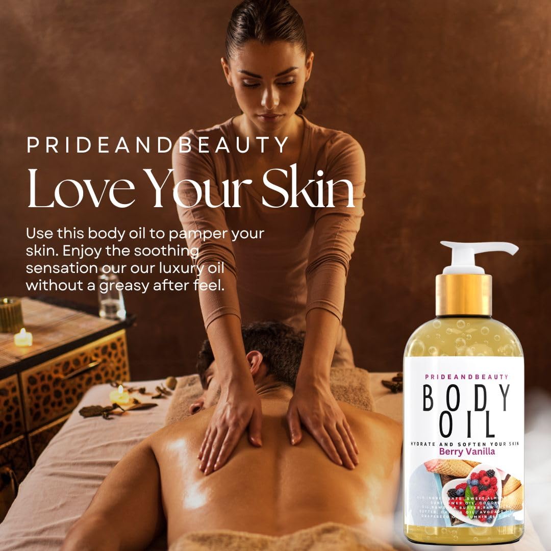 PrideandBeauty After Shower Oil, Skin Hydrating Body Oil for Women Dry Skin, Berry Vanilla Scented, 4 Ounces