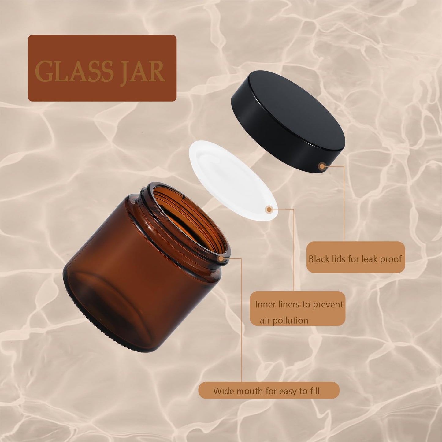Lustervial 3 Pack 4 oz Amber Small Glass Jars with Airtight Lids, Lotion Containers, Cosmetic Containers, Little Travel Jars for Creams with Black Mini Spoon & Black Labels Included