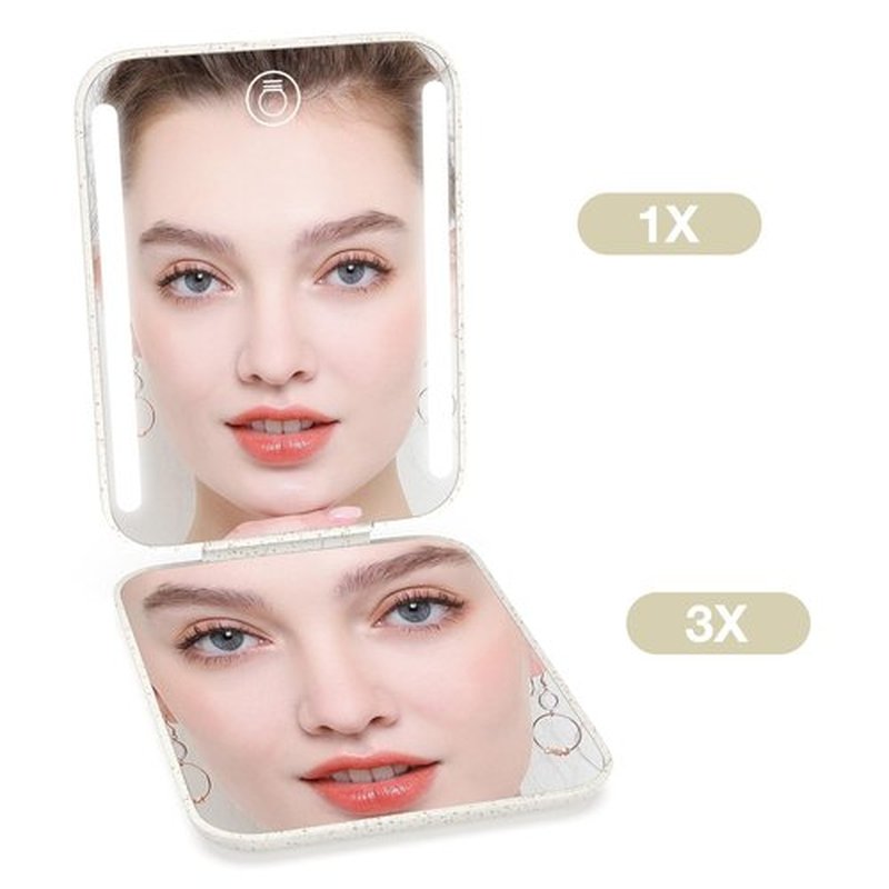 Kintion Rechargeable Pocket Mirror, Wheat Straw Material 1X/3X Magnification Portable Compact Mirror, Handheld Travel Mirror, Small Purse Mirrors for Women, Apricot