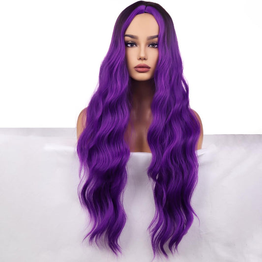 WTHCOS Ombre Purple Wig Long Curly Wavy Hair Wig for Women Middle Part Wig Purple Ombre Wig Heat Resistant Synthetic Hair Wigs for Daily Use Cosplay Wig With Wig Cap