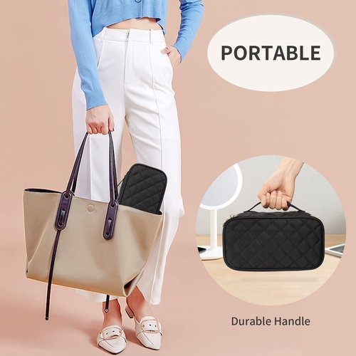 OCHEAL Small Makeup Bag,Portable Cute Travel Makeup Bag Pouch for Women Girls Makeup Brush Organizer Cosmetics Bags with Compartment-Nylon Black