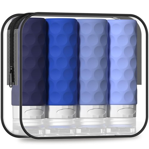 Silevoler Travel Bottles for Toiletries, 4pcs Tsa Approved 3oz Travel Size Containers, BPA Free Leak Proof Premium Silicone Travel Bottles,Refillable Liquid Travel Accessories W/Toiletry Bag (Blue)