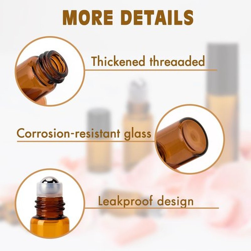 ZEJIA 3ml Roller Bottles 24Pack Amber Thick Glass Essential Oil Roller Bottles Stainless Steel Roller Ball with 2 Droppers