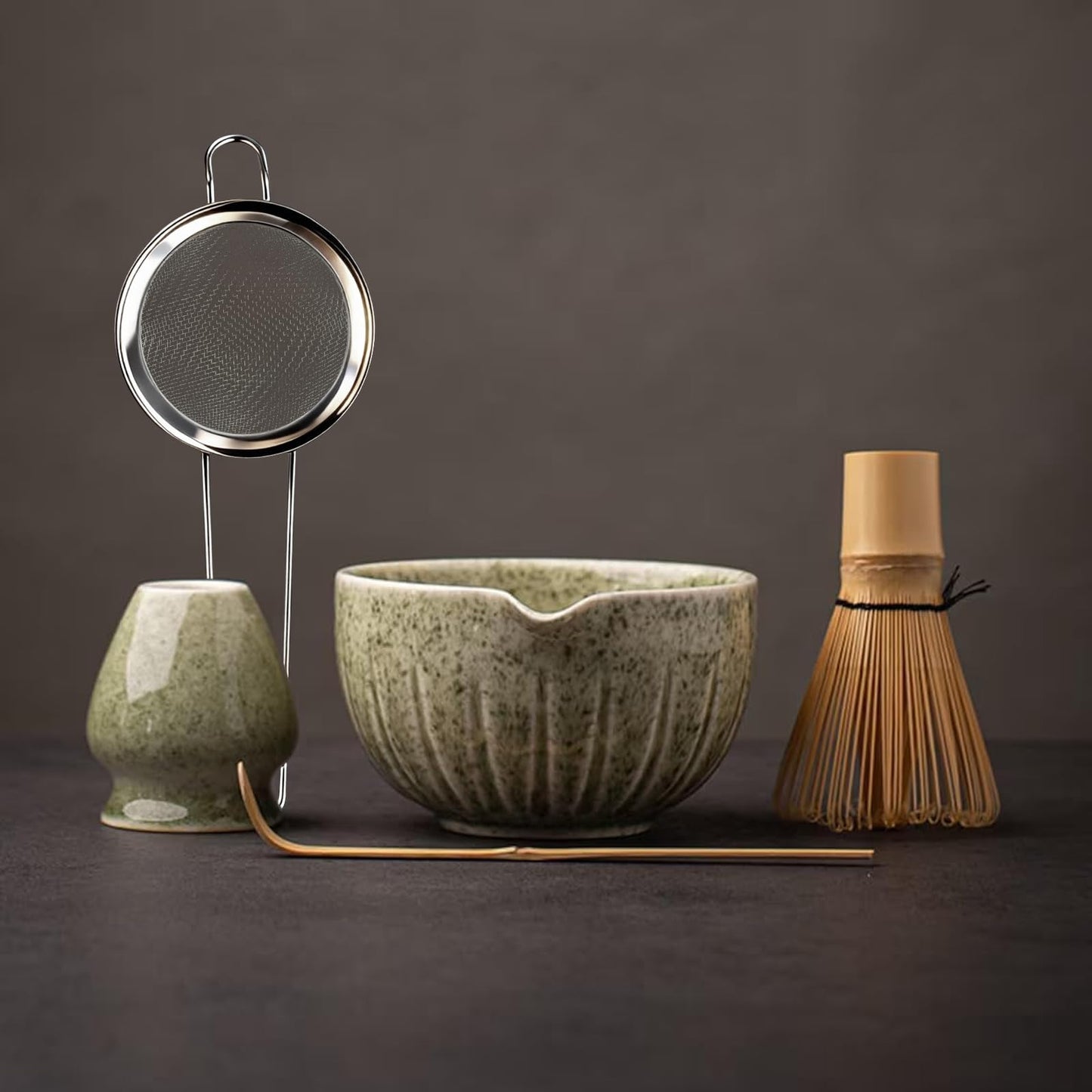 TANG PIN Matcha Set - Match Bowl and Whisk, 15 OZ, Matcha Scoop | Matcha Whisk Stand (Chasen Holder) - 5pc Perfect Matcha Kit for Matcha Tea Ceremony (Mottled Green)