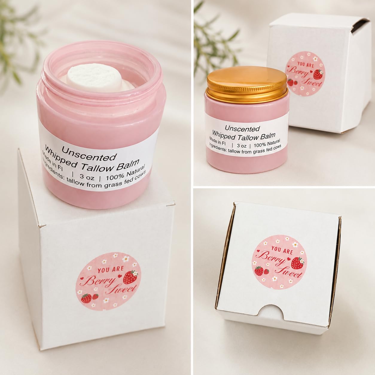 HANDMAD UNSCENTED Whipped Tallow Balm, 100% Natural Moisturizer from Grass-Fed Cows for Dry and Sensitive Skin. (Unscented 1)