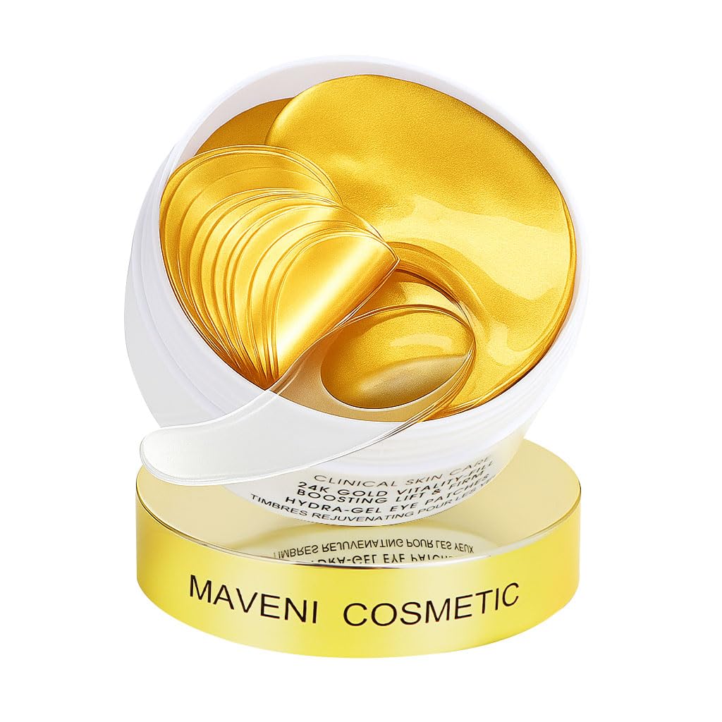 MAVENI 24K Gold Eye Mask-Under Eye Patches for Dark Circles-60 Pcs for Puffy Eyes,Anti-Aging,Bags & Wrinkles,Boost Lift & Firm the Look of the Eye Area,Hydrating, Anti-Wrinkle & Cooling