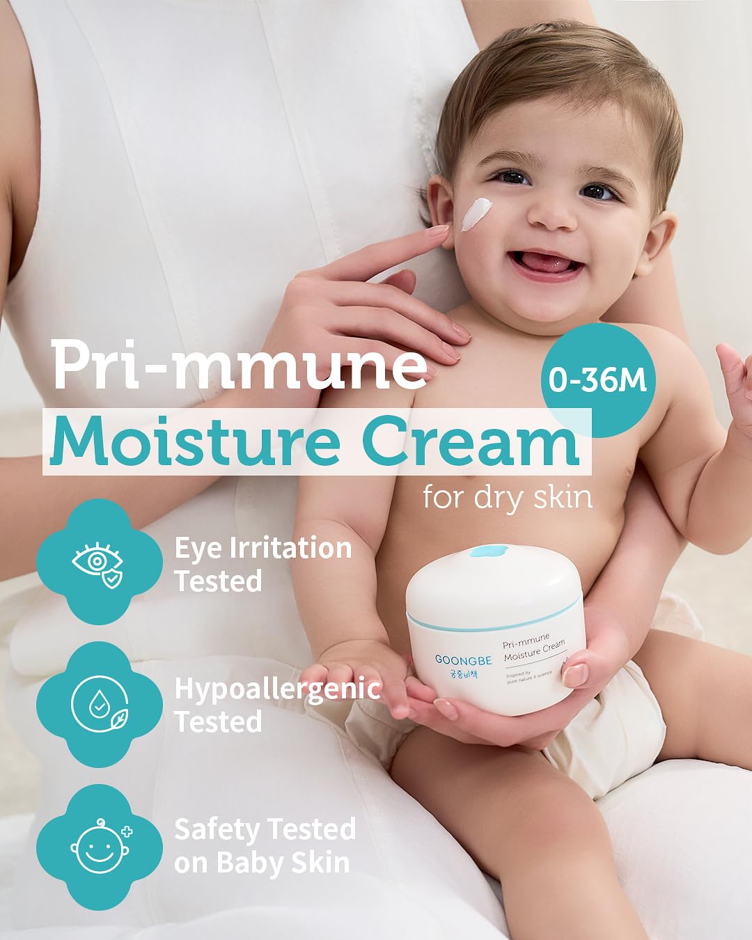 GOONGBE Pri-mmune Deep Moisture Cream - Korean Baby Moisturizer with Ceramide & Amino Acid - Skin Protectant 72hrs Moisturizing Cream for Face and Body - For Chafed & Sensitive Skin - 3.38oz.