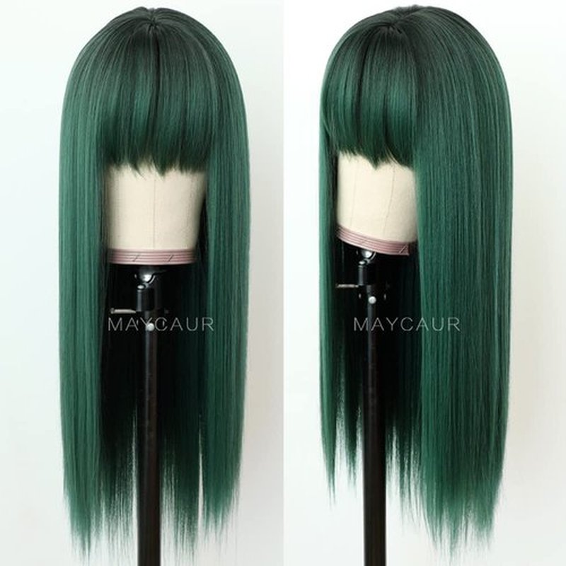 Maycaur Green Synthetic Hair Wigs with Full Bangs Black Green Ombre Color Long Straight Women's Costume Wigs Heat Resistant Synthetic No Lace Front Wigs for Fashion Women