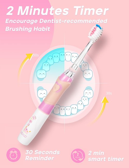 Seago Kids Electric Toothbrush with 2 Mins Brushing Timer and 8 Replacement Bursh Heads,Rainbow LED Light Make Brushing Fun, Pink Color Girls Battery Powerd Toothbrush for 4-12 Years Old