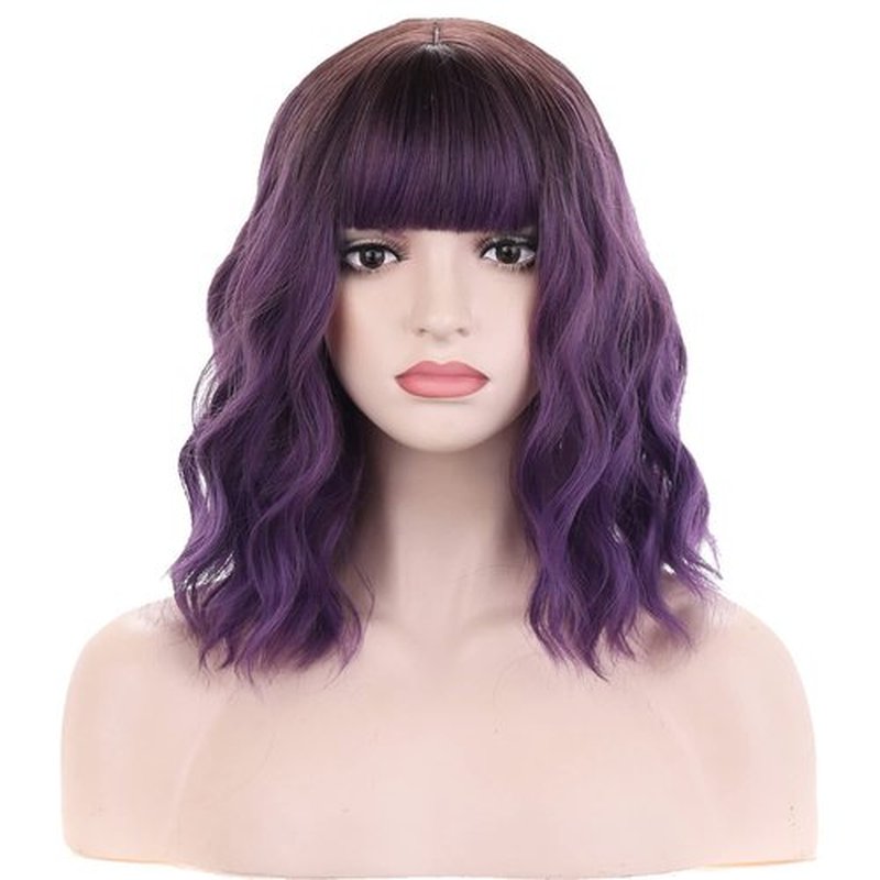 BERON 14 Inches Purple Wig Short Curly Wig with Bangs Synthetic Wigs Women Girls Dark Roots Ombre Purple Wigs with Wig Cap