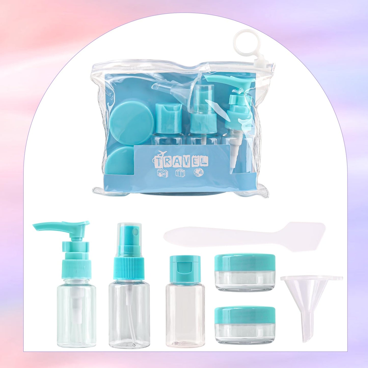 Mekupeu 7 Pack Portable Small Travel Squeeze Kit Reusable Cosmetic Container Lotion Pump Spray Flip Cap Bottle Jar cream bottles Travel Separate Bottles (Purple)
