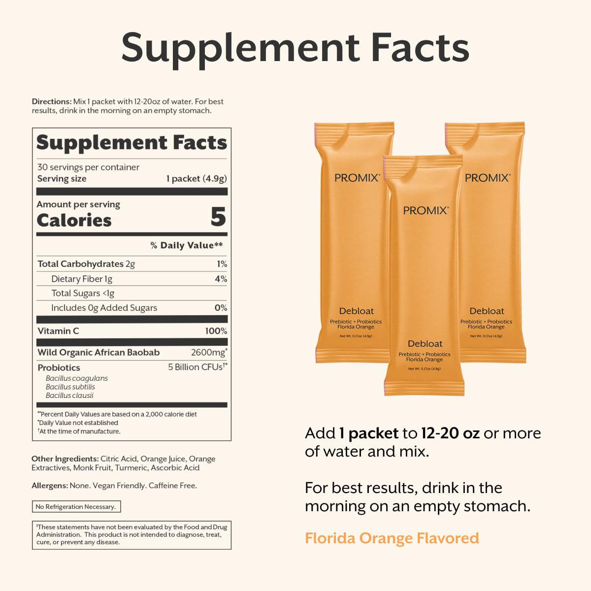 ProMix Nutrition Debloat Prebiotics & Probiotics, Florida Orange - 30ct