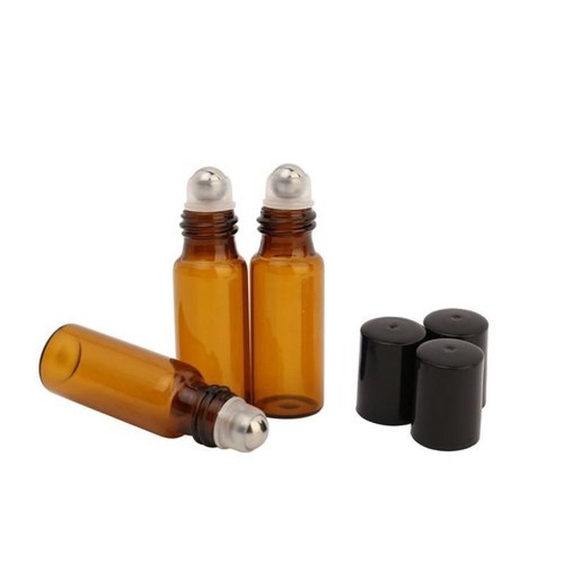 Wresty 25 Pcs Essential Oil Glass Roller Bottles Mini Tiny Refillable Empty Aromatherapy Perfume Liquid Amber Glass Roll On Bottles Vials Metal Rollerball Bottles Jar (5ml)