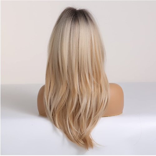 MAGQOO Blonde Wig for Women Blonde Layered Wig Dark Roots Long Blonde Wig with Bangs Two Tones Synthetic Heat Resistant