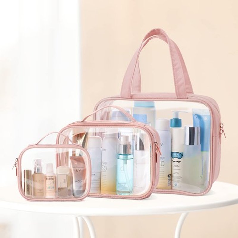 PACKISM Clear Toiletry Bags, 3 Pack Clear Makeup Bags with Handle Large Opening, Waterproof Clear Cosmetic Bags Fit Carry-on Travel Essentials, Travel Accessories Clear Travel Bags, Pink