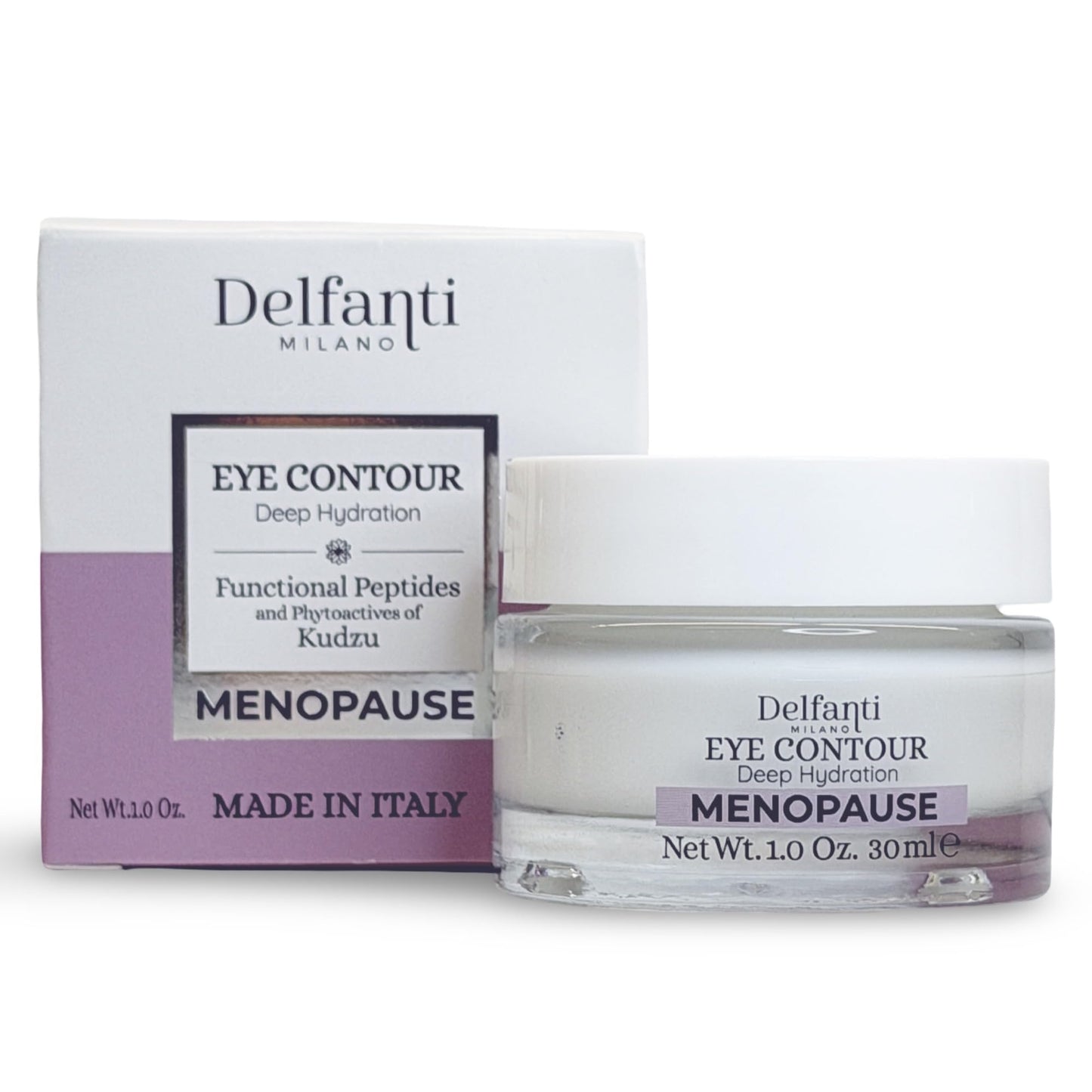 Delfanti-Milano • MENOPAUSE EYE CONTOUR CREAM • Functional Peptides and Phytoactives of Kudzu • Deep Hydration Smoothing • Made in Italy 1.0 oz jar