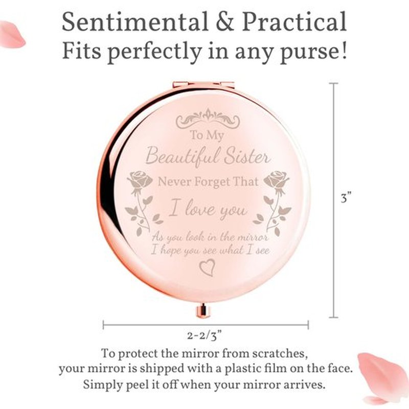 boutikpro Sister Gifts Compact Mirror, to My Beautiful Sister Gorgeous Rose Gold Compact Mirror Unique Friend Gift Mirror for Women Girls Sisters for Women BFF