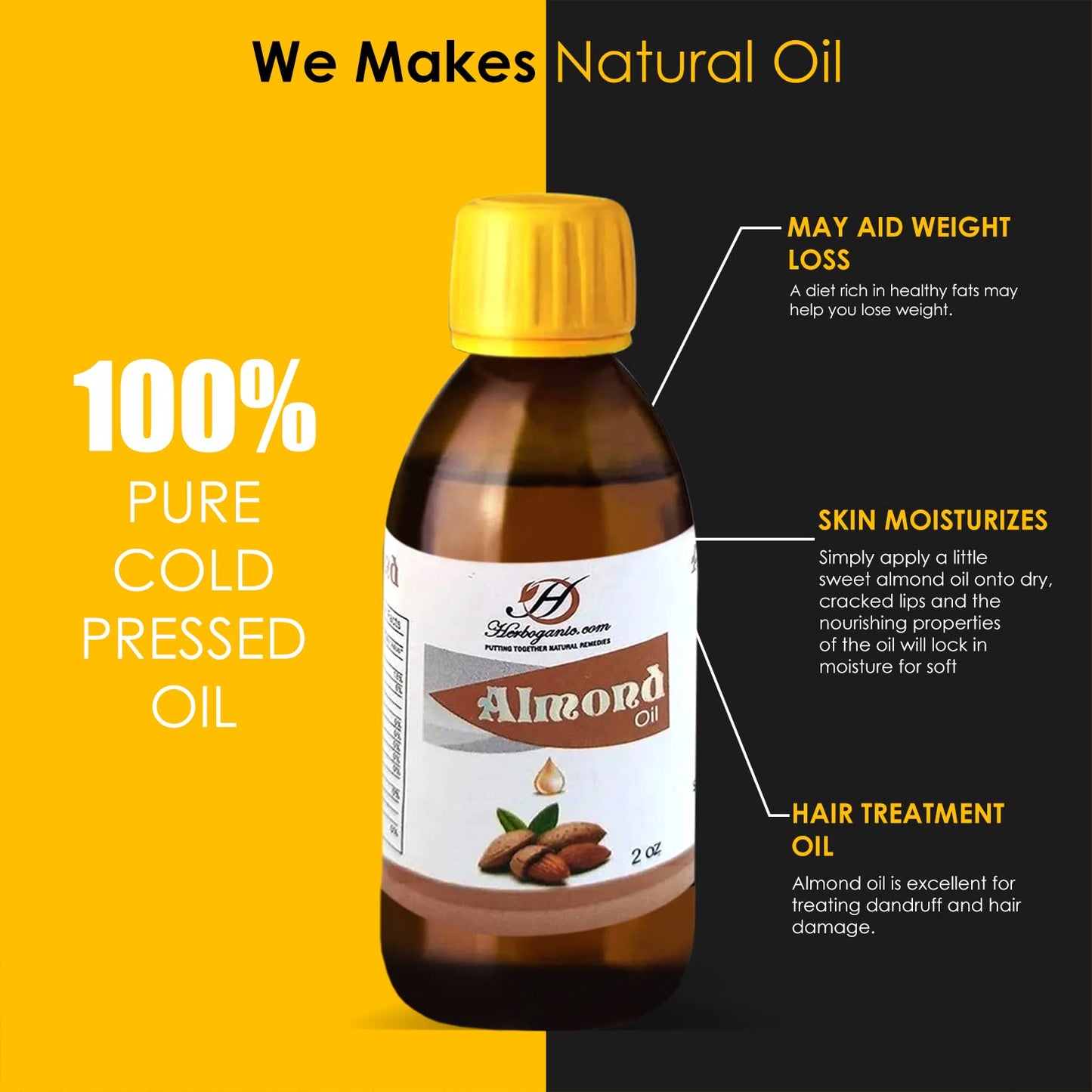 HERBOGANIC Pure Almond Oil, Natural Body Oil for Skin and Hair, Moisturizing Almond Oil for Face,Promote Glowing and Healthy Skin- 2 Oz Bottle