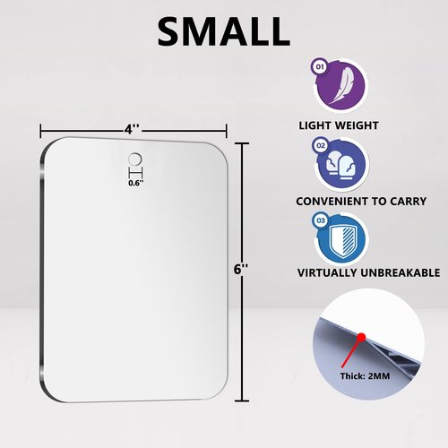 Shatterproof Shower Mirror for Shaving NO Hook (Small 2 Pack 6 x 4 Inch) 40% Cheaper Than The Original,Unbreakable Deluxe Plexiglass Makeup Mirror,Bathroom Wall Hanging,Portable Handheld Camping