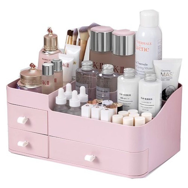skin care organizer,Makeup Desk Organizer With Drawers,Countertop Organizer for Cosmetics,Vanity brush with Holder for Lipstick, Brushes, Eyeshadow, and Desktop Finishing Dresser (A-Large-pink)