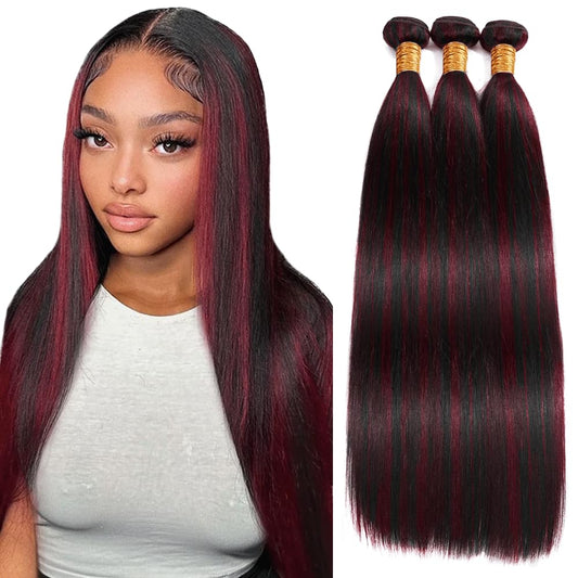 P1B99J Bundles Highlight Straight Human Hair Bundles Two Tone Mixed With Burgundy Bundles 3 Bundles 8 8 8 Inch Wine Red Straight Bundles Hair Weave 99J Bundles