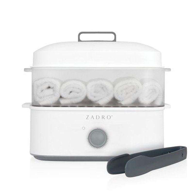 Zadro Towel Steamer with Tongs, 850W Heater, 8L Tray, 1.7L Tank, 30-min Timer for Facials, Manicures, Pedicures, Shaving (13"x12", 120V/850W, 8L, White/Gray)