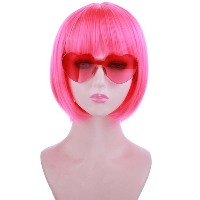 PATTNIUM Short Bob Wig for Women Neon Pink Bob Wig Hot Pink Bob Wig Short Straight Bob Wig with Bangs Sythetic Wig with Wig Cap