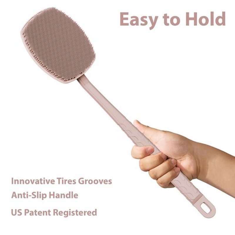 iTokGoK® All New Premium Silicone Back Scrubber with Tire Anti-Slip Long Handle for Shower, Gentle Exfoliating and Massage Brush Scrubber for Sensitive Skin for Men and Women (Sand Pink)