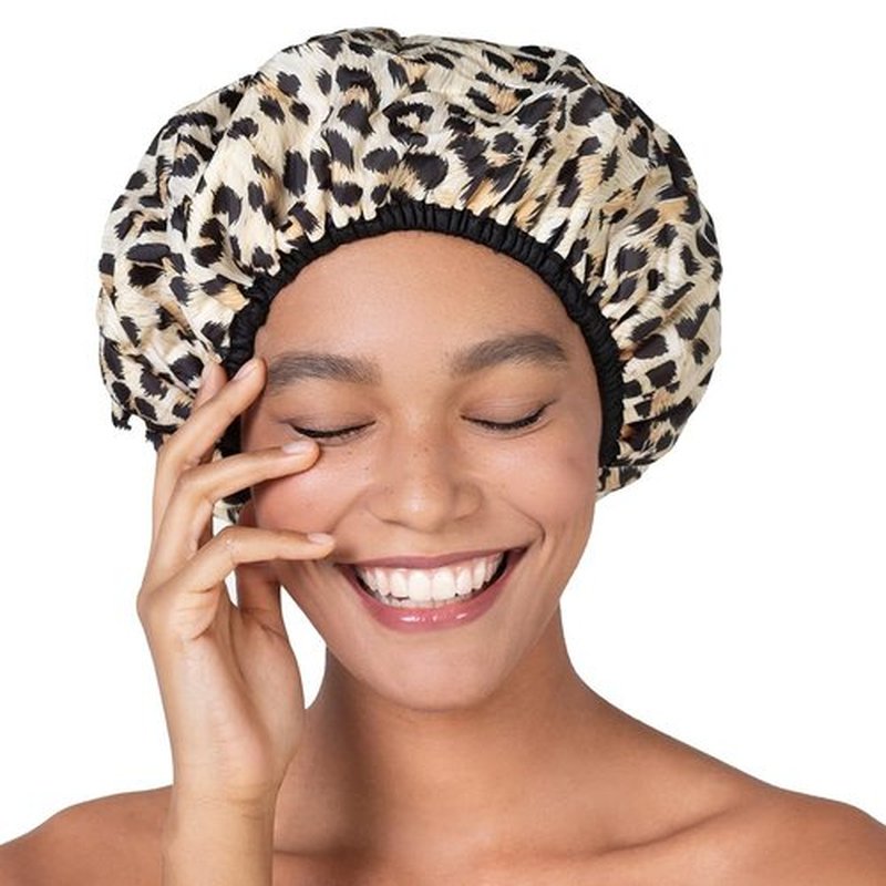 Reusable Nylon Shower Cap & Bath Cap, Reversible Oversized Waterproof Shower Caps Large Designed for all Hair Lengths w Terry Lining & Elastic Band Stretch Hem Hair Hat - Socialite Safari Spots