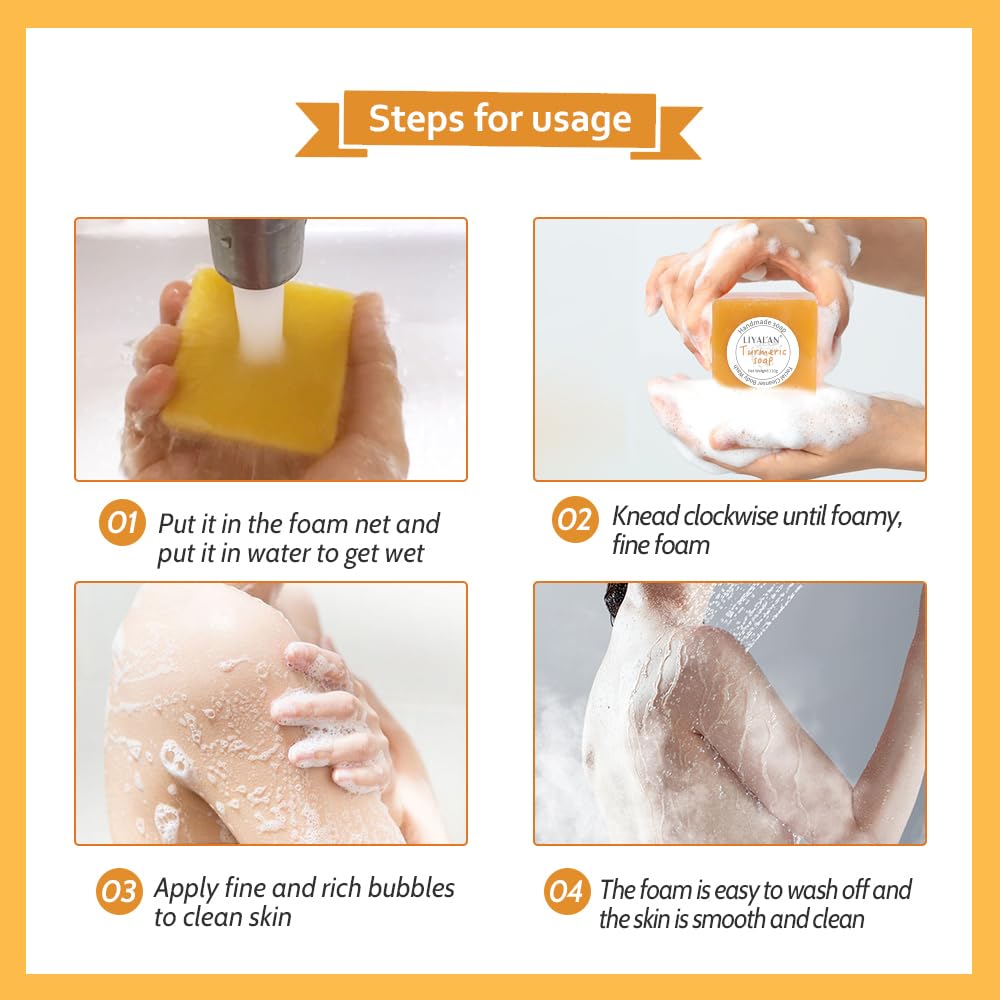 LIYALAN Turmeric Soap Bar 3.88 oz each Bar for Face and Body evens out skin tone,Smooth Skin,Cleansing Handmade Soap contains 3 bars with a fresh ginger and lemongrass scent