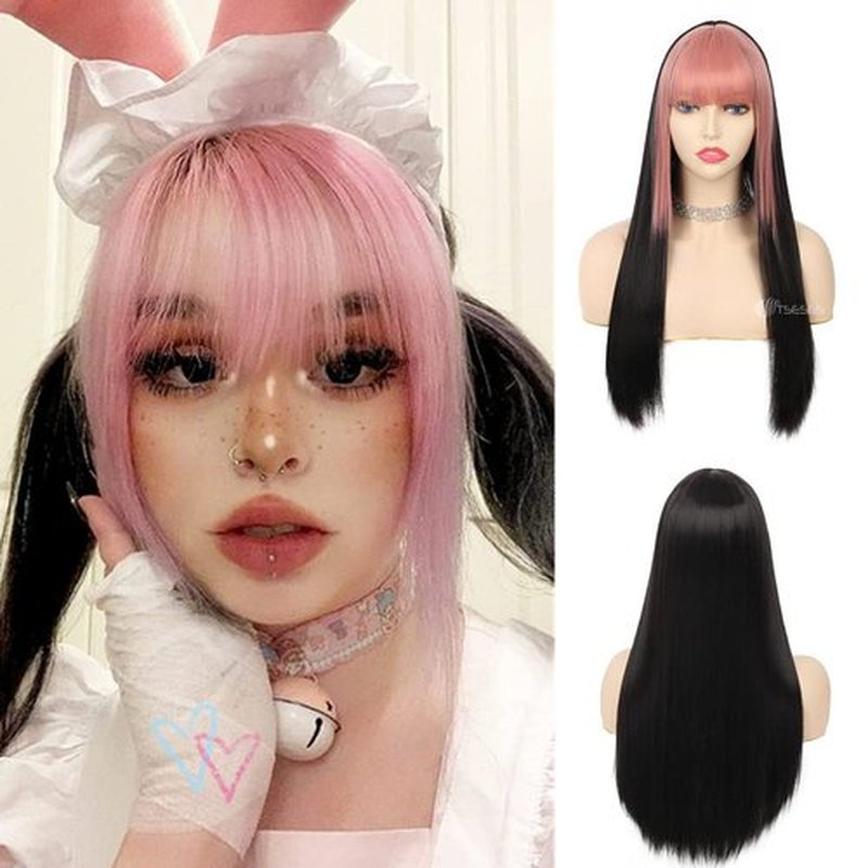 Tseses Pink and Black Long Straight Wigs with Bangs for Women Two Tone Synthetic Wig for Daily Cosplay Halloween Party Use