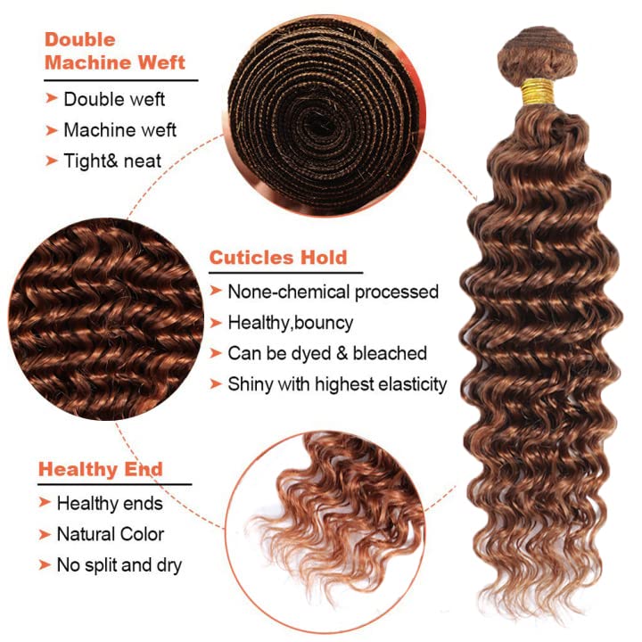 Light Brown Deep Wave Bundles Human Hair Color 30 Human Hair Bundles 28 Inch Brazilian Virgin Remy Hair 1 Bundle Color 30 Deep Wave Bundles Hair Extensions Brown Bundles